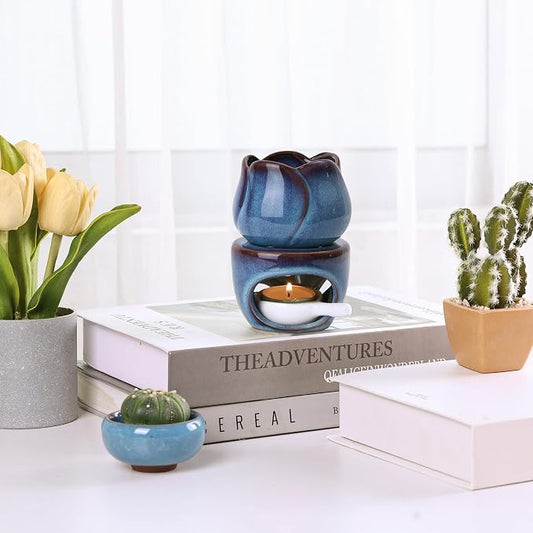 ComSaf Ceramic Essential Oil Burner, Reactive Glaze Aromatherapy Diffuser, 180ml Sculptural Wax Melt Warmer with Pull-Out Tea Light Tray, Artisan Pottery-Style Oil Warmer, Decorative Ambient Lighting