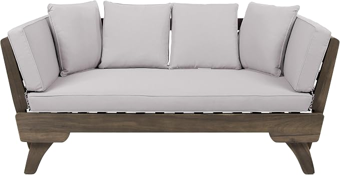 Christopher Knight Home Gary Patio Convertible Couch, Wooden Outdoor Daybed, 3-Seater Acacia Wood Patio Furniture Lounge Sofa for Backyard/Poolside/Garden, Back Pillow+Removable Cushion, Grey