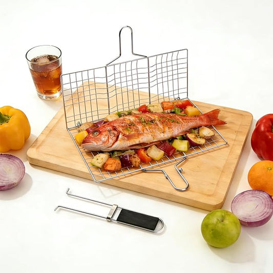 Grill Basket for Veggies, Fish Grill Basket, Folding Portable Stainless Steel BBQ Grilling Baskets for Outdoor Grill (Stainless Steel)