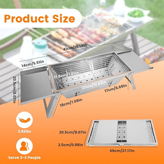 3-in-1 Portable Charcoal Grill Foldable Camping BBQ, Tabletop Stainless Steel Grill with Adjustable Fire Grate & Carry Bag for Outdoor, Picnic, Backyard (10.63x7.01in Cooking Area)