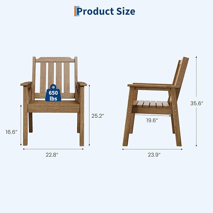 Garvee Outdoor Patio Dining Chairs Set of 2, HDPE Garden Dining Chairs | Sturdy Frame, Waterproof, All-Weather for Backyard, Poolside, Porch, Deck, Natural
