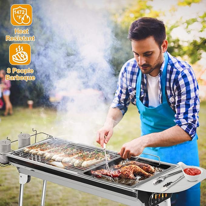Grills Outdoor Cooking Charcoal, Kabob Grill Portable BBQ Grill Large Charcoal Grill for Picnic, Patio and Backyard Barbecue With Non-Stick Frying Pan