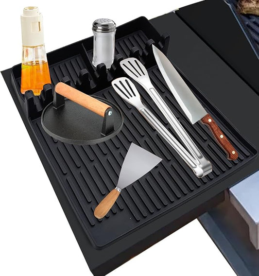 3 in 1 Silicone Griddle Tools Mat for Blackstone, Large Grill Side Shelf Mat, Heat Resistant Silicone Spatula Mat with Drip Pad, Utensil Rest with Drip Pad for Kitchen, Stovetop, Countertop- Black