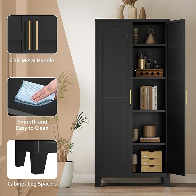 Zevemomo 71" Metal Pantry Cabinet, Tall Metal Storage Cabinet for Kitchen | Steel Cabinet with 2 Doors and 4 Adjustable Shelves, Freestanding Cupboard for Kitchen, Bathroom, Dinning Room or Laundry