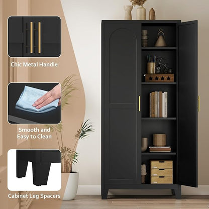 Zevemomo 71" Metal Pantry Cabinet, Tall Metal Storage Cabinet for Kitchen | Steel Cabinet with 2 Doors and 4 Adjustable Shelves, Freestanding Cupboard for Kitchen, Bathroom, Dinning Room or Laundry