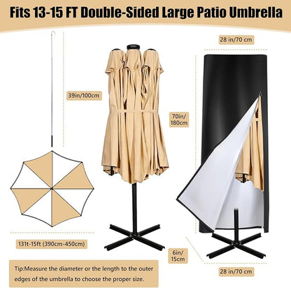 Patio Umbrella Covers, 600D Waterproof Windproof Outdoor Umbrella Cover Fits 13-15 ft with Zipper and Rod, All-Weather Protection for Outdoor Patio, Garden, Deck Umbrellas
