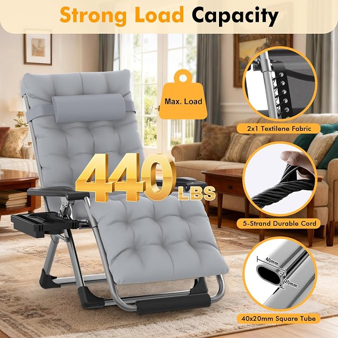 Slendor Oversized Zero Gravity Chairs XL,29in Padded Reclining Chair, Black | Recliner Lounge Chair, Folding Anti Gravity Chairs w/Aluminum Alloy Lock, Headrest, Cup Holder, Support 440lbs,for Lawn Patio