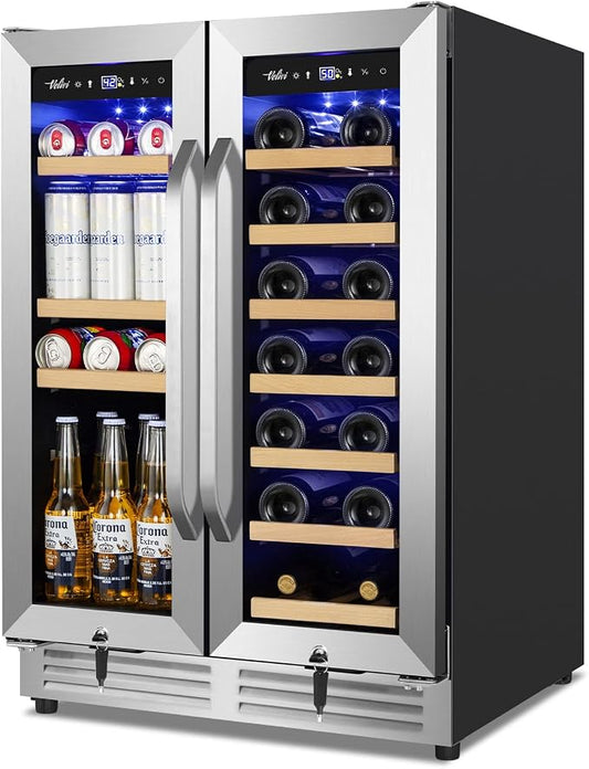 Velivi Wine and Beverage Refrigerator Under Counter, 24 Inch Beverage Fridge Dual Zone with Glass Door, Built In Beverage Cooler with Increase Capacity Space, Advanced Cooling System