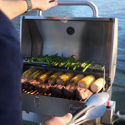 Bunker Up Fishin Stainless Steel Boat Grill with Rod Holder Mount - Great for Boating and Camping - Portable Tabletop BBQ Grill, 12000 BTU Burner, 277 sq.in Grilling Space and 87 sq.in Warming Rack