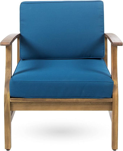 Christopher Knight Home Perla Outdoor Acacia Wood Club Chairs with Water Resistant Cushions, 2-Pcs Set, Teak Finish / Blue