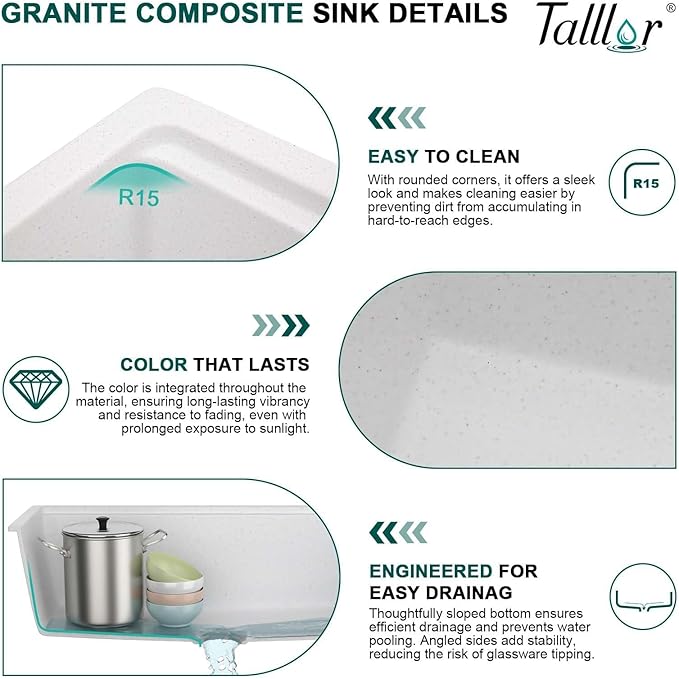 Granite kitchen Sink - 32 Inch White Undermount Kitchen Sink Workstation Single Bowl White Quartz Composite Sinks Basin with Gold Drain Assembly, 32"x19" #TLGU-104