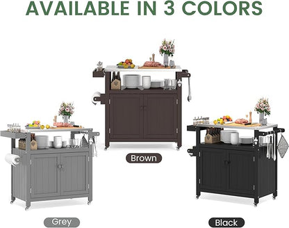Weatherproof HIPS Outdoor Kitchen Island with Stainless Steel Top & Storage Cabinet, Movable Prep Table with Wheels for BBQ Food Prep, Outdoor Grill Cart for Parties, Brown