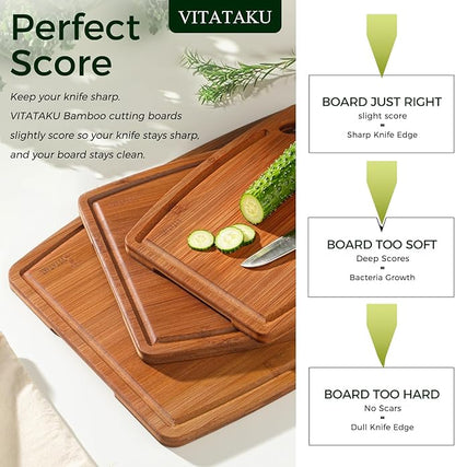 3-Piece Carbonized Bamboo Cutting Board Set with Wood Storage Stand, 15.4" Large Wooden Chopping Boards for Kitchen, Non Toxic Pre-Oiled Charcuterie Serving Tray, Kitchen Gifts