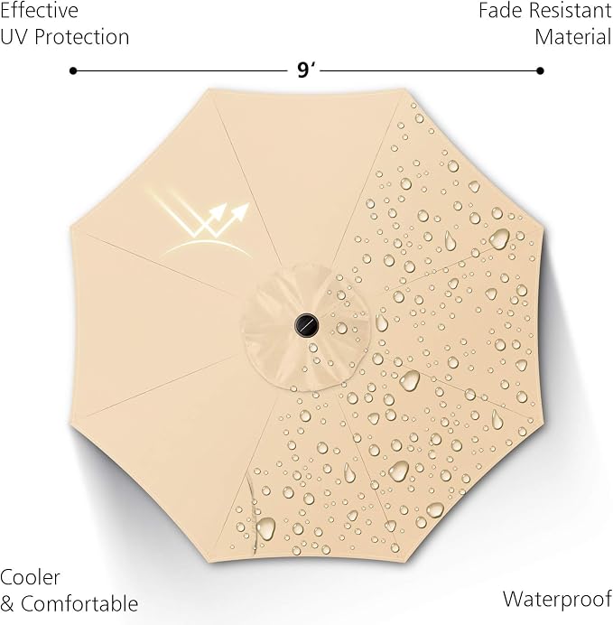 9ft Patio Umbrella with Solar Lights, Outdoor Umbrella with 24 LED Solar Umbrella Lights, Solar Patio Umbrella with Push Botton Tilt & Crank Ideal for Garden, Deck, Backyard & Pool, Brown