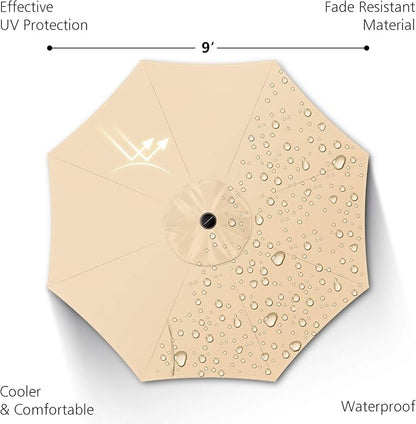 9ft Patio Umbrella with Solar Lights, Outdoor Umbrella with 24 LED Solar Umbrella Lights, Solar Patio Umbrella with Push Botton Tilt & Crank Ideal for Garden, Deck, Backyard & Pool, Brown