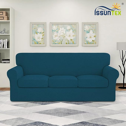 ISSUNTEX 4 Pieces High Stretch Thicken Couch Covers, Soft Sofa Slipcover for 3 Separate Cushion Couch, Jacquard Fabric Elastic Sofa Cover Furniture Protector for Dogs (Oversized Sofa, Peacock Blue)