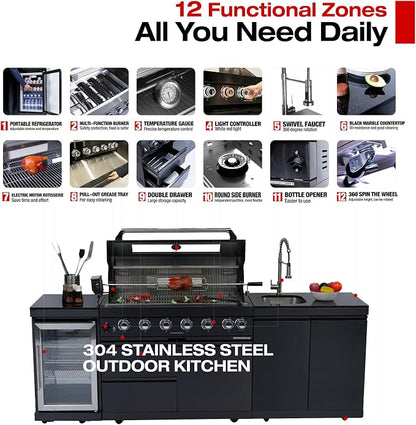104" Modular Outdoor Kitchen Island With Grill And Side Burner, 4-burner 72,000 Btu Propane Bbq Island, Refrigerator, Separate Sink & Prep Station, NG-Black (with roof) 85000BTU/108 Inch