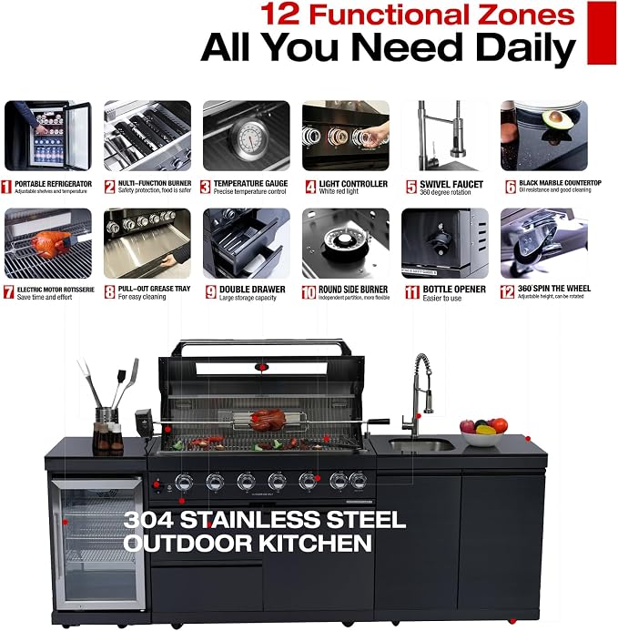 104" Modular Outdoor Kitchen Island With Grill And Side Burner, 4-burner 72,000 Btu Propane Bbq Island, Refrigerator, Separate Sink & Prep Station, For Backyard NG-Black 85000BTU/95 Inch