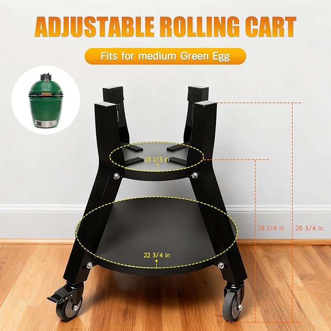 Heavy-Duty Rolling Cart for Medium Big Size Green Egg, Adjustable Cart 2-Tier Powder-Coated Steel Stand with Locking Wheels Extra Storage for Green Egg Grill Accessories