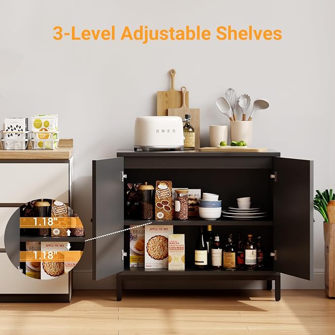 GarveeHome Rattan Sideboard Buffet Cabinet Set of 2, Black | Boho Accent Kitchen Storage Liquor Bar Console Cabinet with Adjustable Shelf for Living Room, Hallway