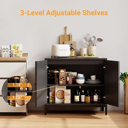 GarveeHome Rattan Sideboard Buffet Cabinet Set of 2, Black | Boho Accent Kitchen Storage Liquor Bar Console Cabinet with Adjustable Shelf for Living Room, Hallway