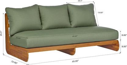 Merax 3 Piece Patio Outdoor Furniture Set, All-Weather Acacia Wood 3-Seater Daybed Sofa, 2 Chaise Lounge Chairs with Thick Cushions for Porch, Lawn, Backyard, Balcony, Green+Teak