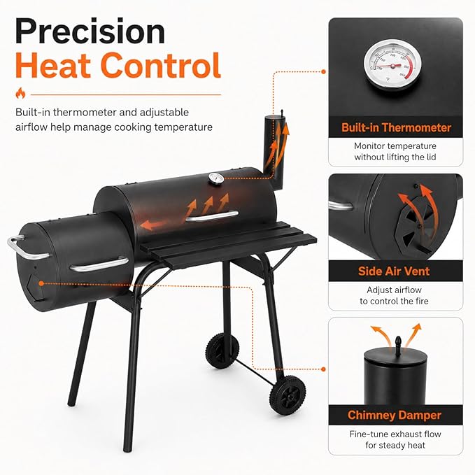 Outdoor Charcoal Grill & Smoker Combo - Dual Chamber, Heavy-Duty Steel, Black - Ideal for BBQ, Backyard Cooking, Camping - Portable Grill with Enhanced Thermometer, Easy Mobility，camping grill