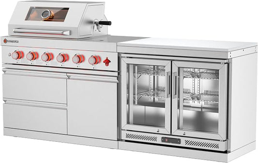 SERA C 4-Burner Propane Modular Outdoor Kitchen with Fridge | 75300 BTU + side burner, 68L fridge 0-10°C for drinks ingredient, 304 stainless steel, locking caster, compact patio backyard