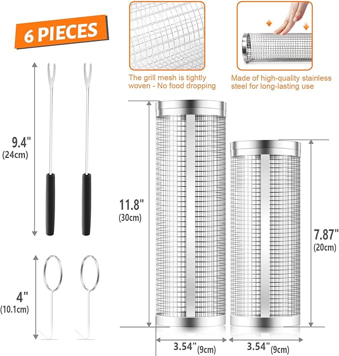 KAYCROWN Stainless Steel Grill Baskets, 2Pcs (12Inches & 8Inches), BBQ Grill Accessories with 2 Forks & 2 Hooks, Silver