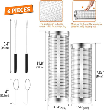 KAYCROWN Stainless Steel Grill Baskets, 2Pcs (12Inches & 8Inches), BBQ Grill Accessories with 2 Forks & 2 Hooks, Silver