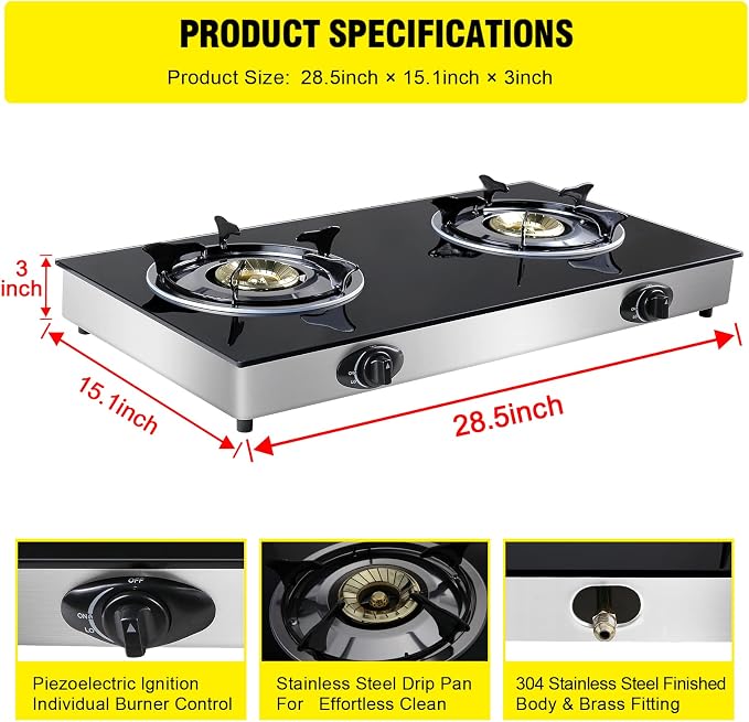 forimo Propane Gas Cooktop 2 Burners Gas Stove portable Tempered Glass Double Burners Stove Auto Ignition Camping Double Burner LPG for RV,Apartments,Outdoor