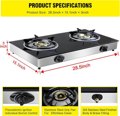 forimo Propane Gas Cooktop 2 Burners Gas Stove portable Tempered Glass Double Burners Stove Auto Ignition Camping Double Burner LPG for RV,Apartments,Outdoor