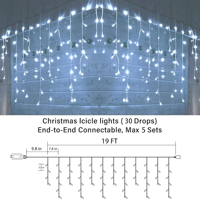 Joomer 19FT Christmas Icicle Lights Outdoor Connectable White | 30 Drops 8 Modes Timer Waterproof Plug-in String Light for Christmas Party, holiday Eaves Roof yard Xmas Decorations