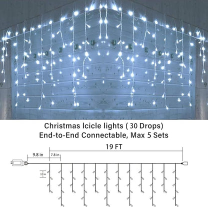 Joomer 19FT Christmas Icicle Lights Outdoor Connectable White | 30 Drops 8 Modes Timer Waterproof Plug-in String Light for Christmas Party, holiday Eaves Roof yard Xmas Decorations