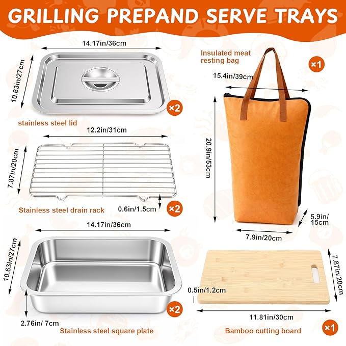 8-in-1 Stainless Steel Grill Prep Tray and Carry System with Meat Resting Bag, Bamboo Cutting Board, Rack, Pans & Lids - Outdoor BBQ Kit Grill Accessories for Cooking, Camping, Kitchen Prep(Medium)