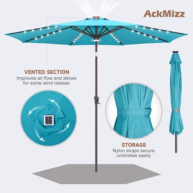 Solar Patio Umbrella with Centre Light, 9 ft Aqua Blue | 40 LED Lights, UV Protection, Solar Outdoor Umbrella for Porch, Deck, Pool, Table, Garden, Provides Evening Lighting
