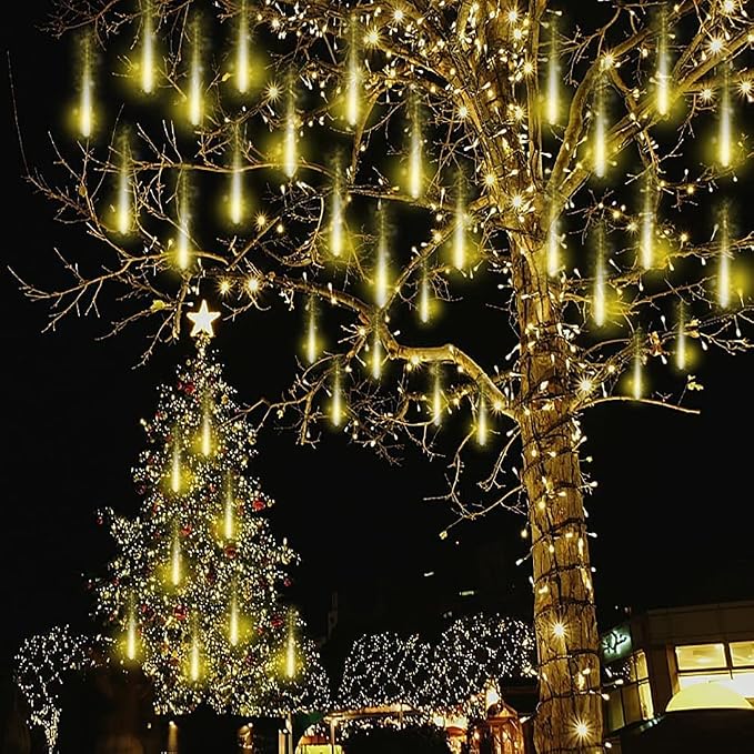 Warm White Icicle Lights Outdoor for Christmas New Year Party Yard Decor | 16-Tube, Equivalent to 2 Sets of 8-Tube, Waterproof Meteor Shower Lights for Xmas Thanksgiving New Year Wedding Outdoor Decor
