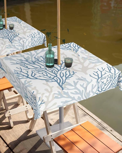 Blue Grey Coral Coastal Outdoor Tablecloth - 60x60 Inch Square Waterproof Dining Table Cover, Summer Beach Seaside Nautical Outdoor Table Cloth with Umbrella Hole & Zipper for Picnic/Patio