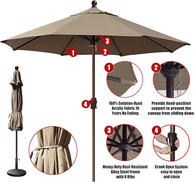 EliteShade USA 10-Year-Non-Fading 10Ft Market Patio Umbrella, UPF 50+ UV Protection Performance Sun Umbrella, Heavy Duty Commercial Grade Outdoor Table Umbrella with Crank, Windproof Vented Top for Garden, Pool, Deck and Outdoor Playsets, No Tilt, Mush...