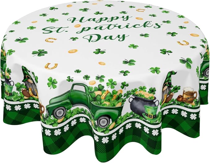 Sweetshow Happy St. Patrick's Day Gnomes Table Cloth Round Shamrock Trucks Green Hat Coin Buffalo Plaid Tablecloth 60 Inch Decor Washable Stain and Wrinkle Spring Round Table Cover for Dining Picnic