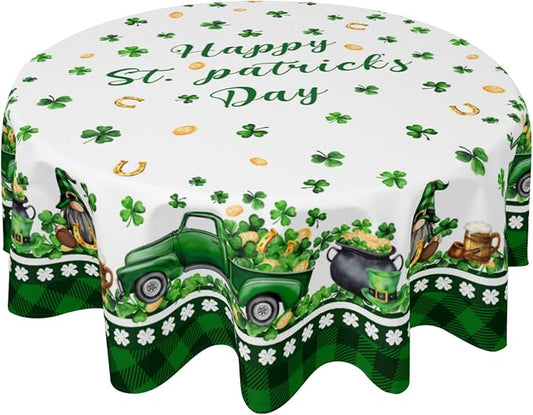 Sweetshow Happy St. Patrick's Day Gnomes Table Cloth Round Shamrock Trucks Green Hat Coin Buffalo Plaid Tablecloth 60 Inch Decor Washable Stain and Wrinkle Spring Round Table Cover for Dining Picnic
