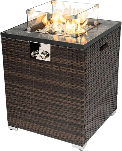 24in Outdoor Propane Gas Fire Pit Table, 40,000 BTU Auto-Ignition Gas Firepit with Glass Wind Guard, Marble Tile Tabletop, Mixed Color Glass Rocks, Brown PE Rattan