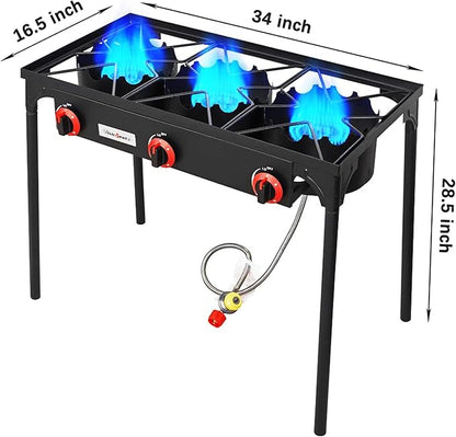 Vivicreate 3 Burner High pressure Propane Stove, 28 Inch Tall Camping Stove with cast iron burner 105000 BTU power, Stable Legs for Outdoor Use