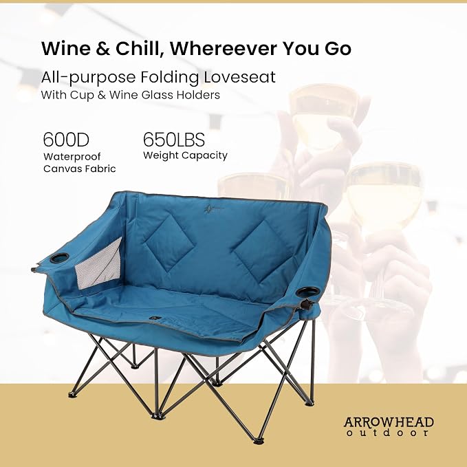 ARROWHEAD OUTDOOR Portable Folding Double Duo Camping Chair Loveseat | 2 Cup and Wine Glass Holder, Heavy-Duty Carrying Bag, Padded Seats and Armrests, Supports up to 650lbs, Beach, Tailgating
