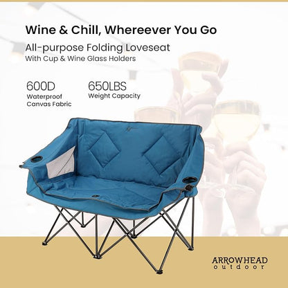 ARROWHEAD OUTDOOR Portable Folding Double Duo Camping Chair Loveseat | 2 Cup and Wine Glass Holder, Heavy-Duty Carrying Bag, Padded Seats and Armrests, Supports up to 650lbs, Beach, Tailgating