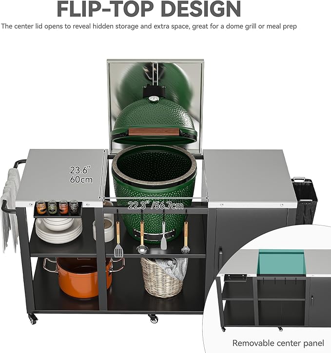 YITAHOME Big Green Egg Grill Table with Removable Stainless Steel Tabletop, Outdoor Kitchen Island with Spice Rack, Paper Towel Holder, and Trash Bag Holder, BBQ Prep Table for Parties