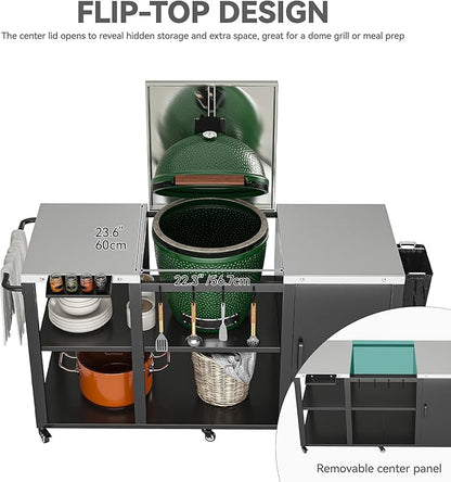 YITAHOME Big Green Egg Grill Table with Removable Stainless Steel Tabletop, Outdoor Kitchen Island with Spice Rack, Paper Towel Holder, and Trash Bag Holder, BBQ Prep Table for Parties