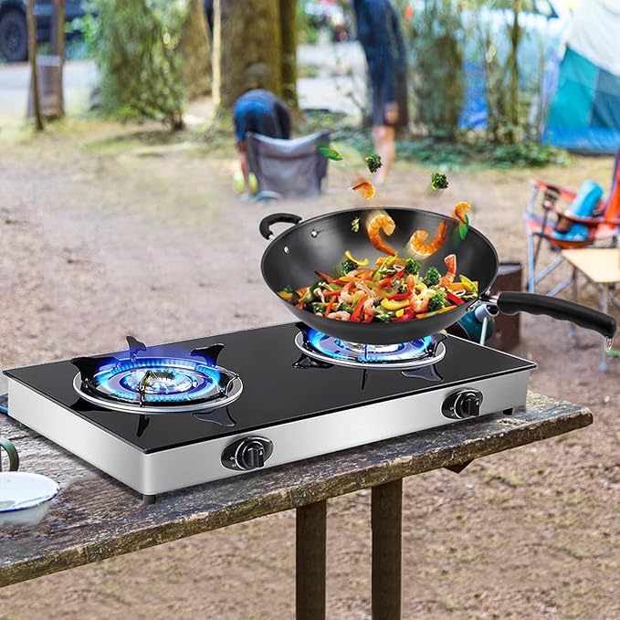forimo Propane Gas Cooktop 2 Burners Gas Stove portable Tempered Glass Double Burners Stove Auto Ignition Camping Double Burner LPG for RV,Apartments,Outdoor