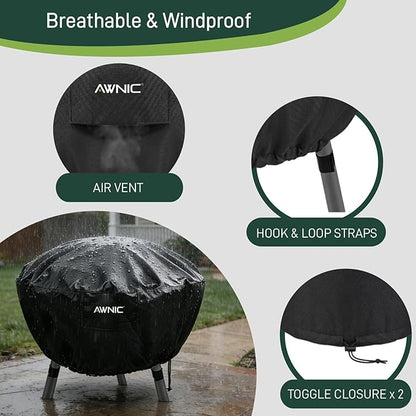 AWNIC Fire Pit Cover Round 34" D x 16" H - Waterproof Windproof Outdoor Patio Firepit Cover with 500D Fade-Resistant Oxford Cloth,Dual-Sided Adjustable Drawstring & Hook and Loop