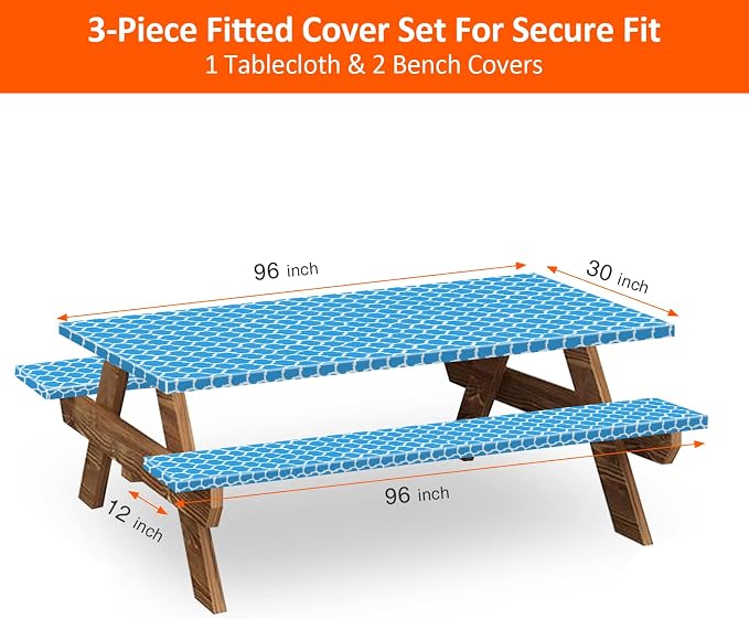 8ft 96in Picnic Table and Bench Cover, 3 Pack, Blue-White Moroccan | Waterproof, Windproof, Elastic Fitted Edges Tablecloth, for Rectangle Table & Seat, Camping Essentials RV Gear